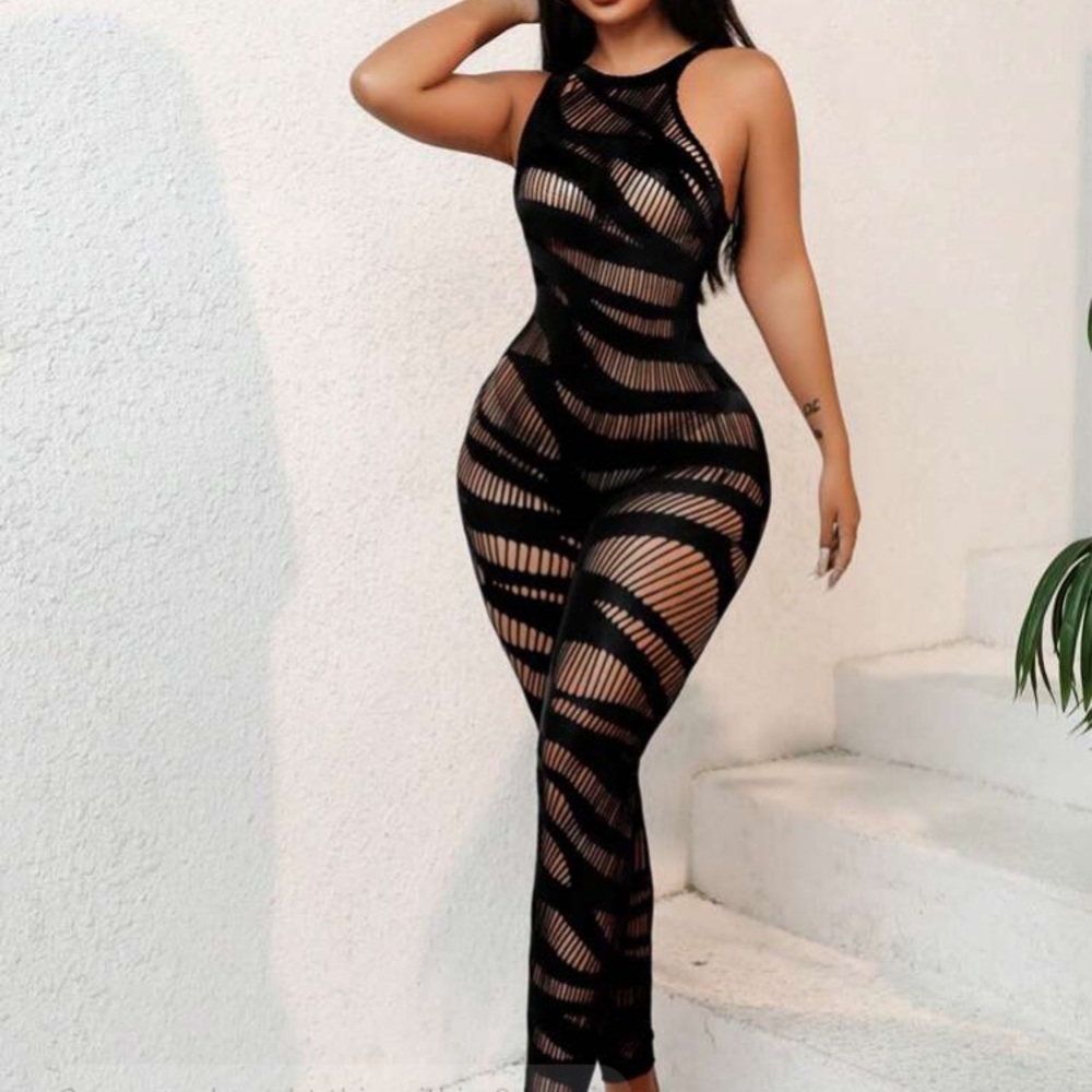 Black Sheer Striped Jumpsuit - Picture 4 of 5